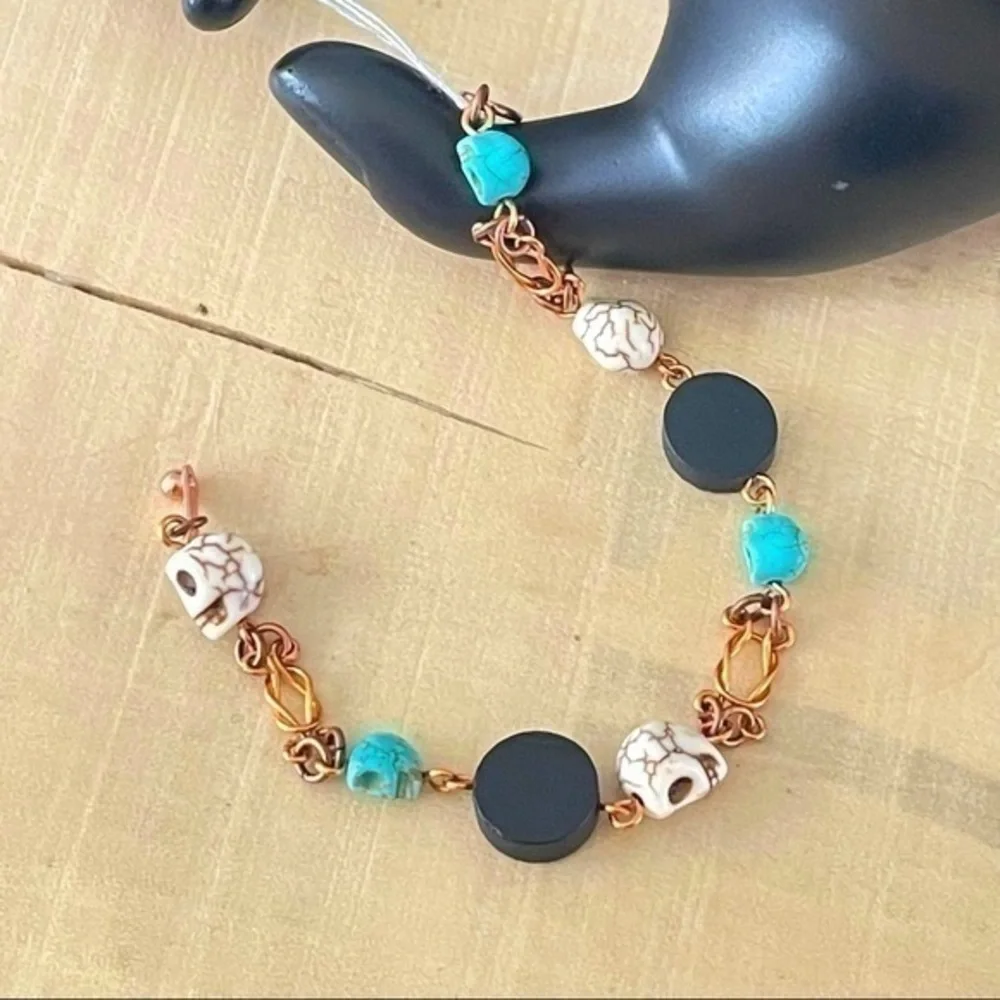 $49 SALE Hand Turned Copper Link & Magnesite Skull Bracelet 7.5” Southwest Gift